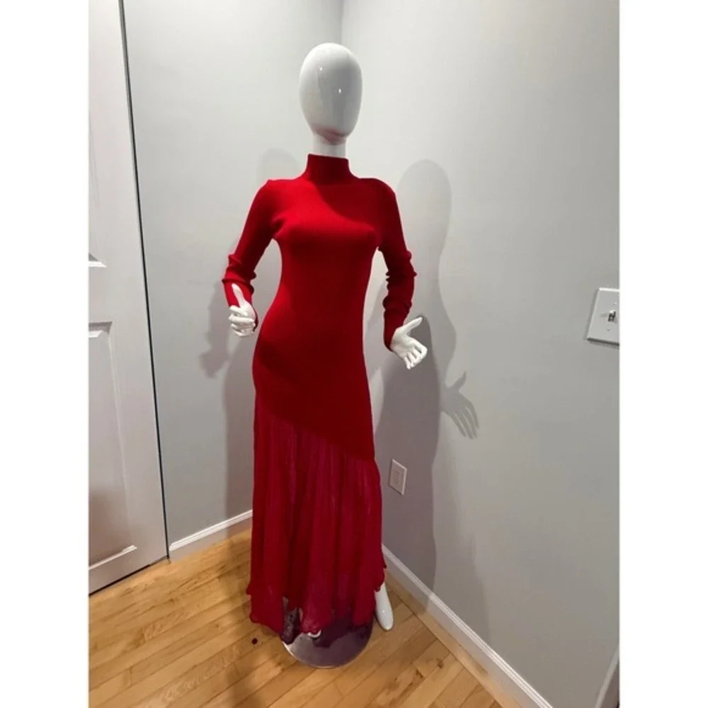 Commense Red‎ Knit Maxi Dress Turtleneck Long Sleeve Evening Cocktail Dress